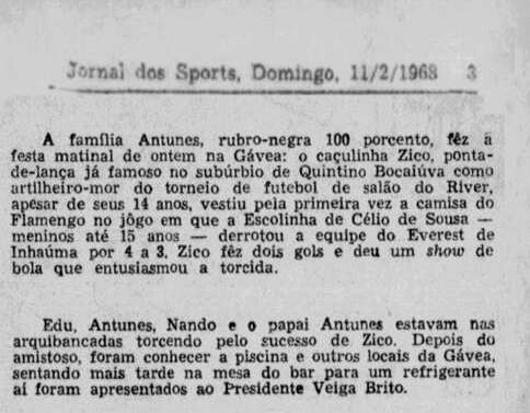 primeiro jogo zico 14 anos