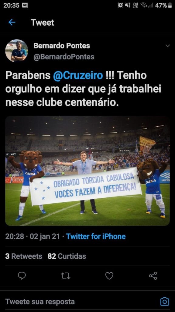 Tweet de Bernardo Pontes parabenizando o Cruzeiro