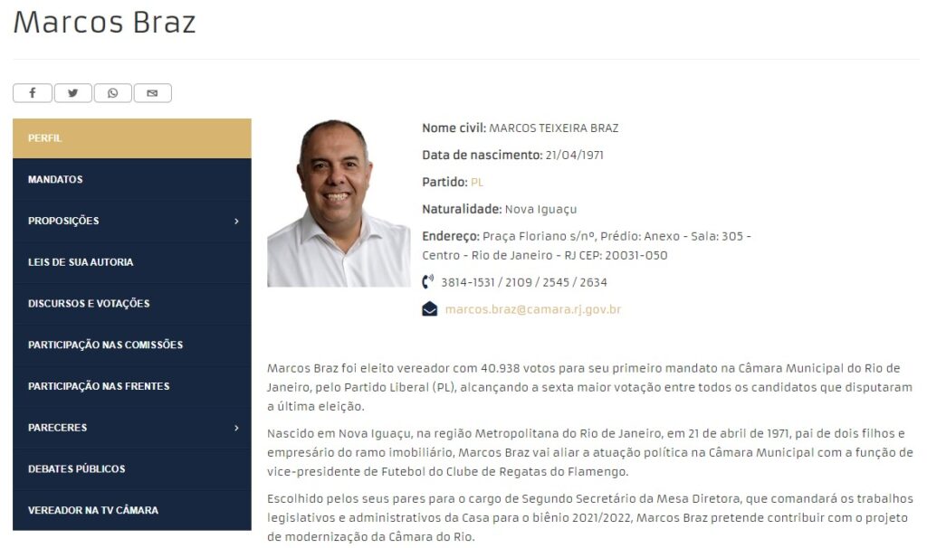 Ficha do vereador Marcos Braz no site da Câmara de Vereadores do Rio de Janeiro