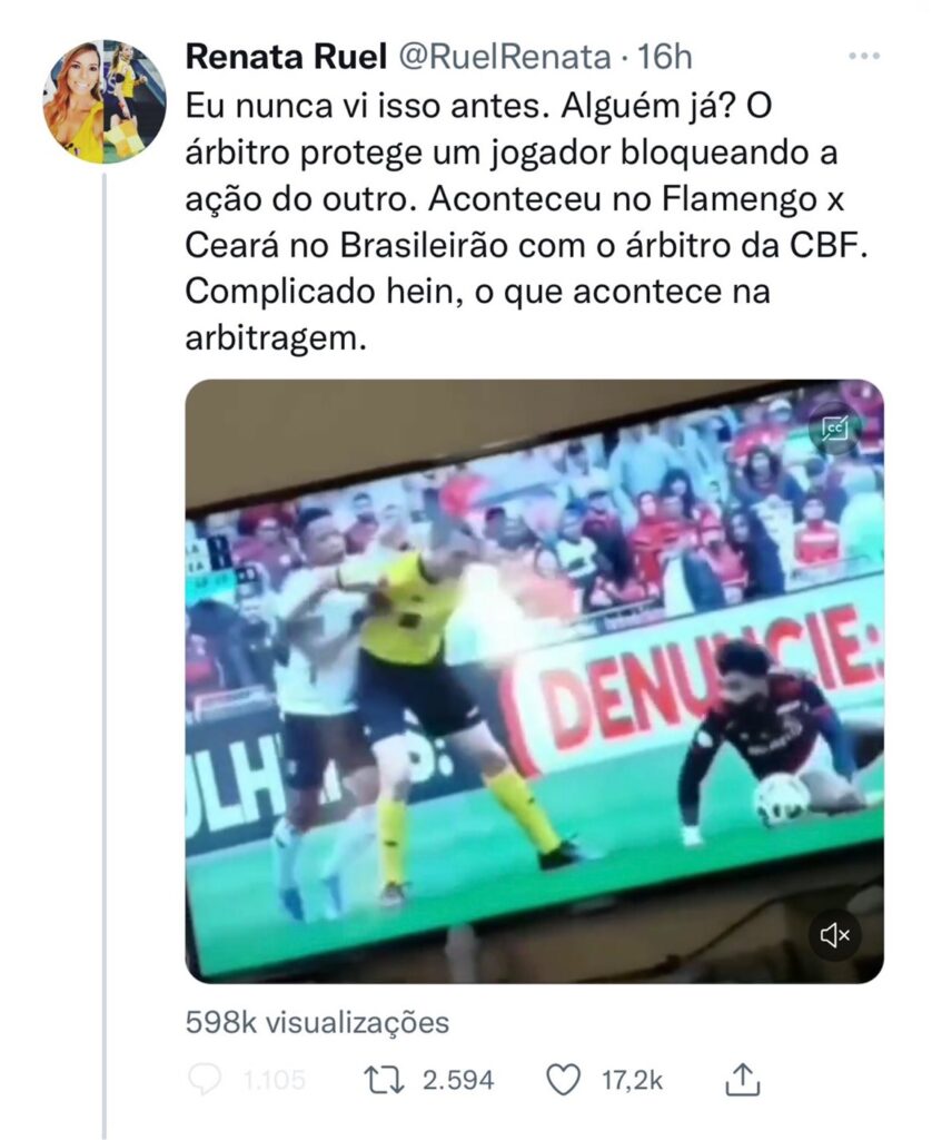 Renata Ruel, comentarista de arbitragem da ESPN Brasil, especulou em sua conta no Twitter que o Flamengo é favorecido pela arbitragem cbf