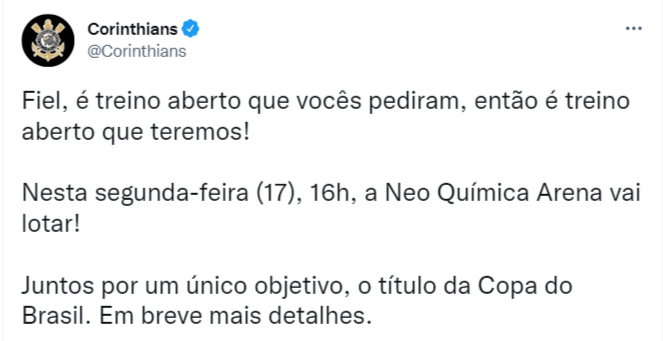 Corinthians anuncia treino aberto antes da final da copa do Brasil; Flamengo não irá organizar 