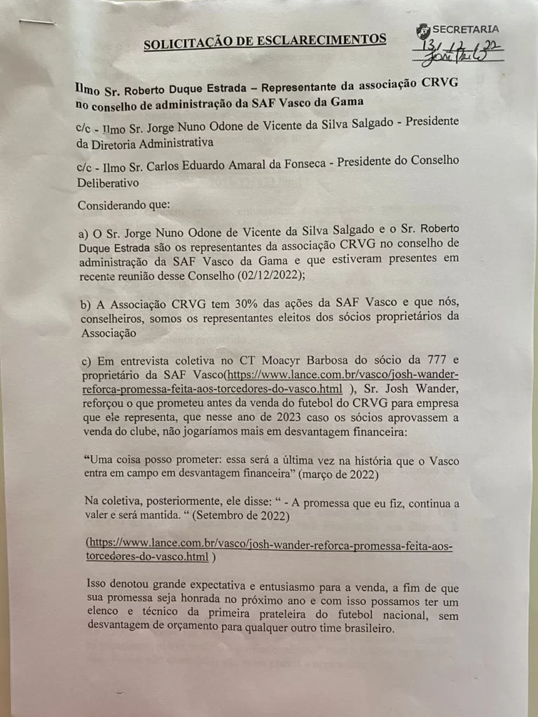 Documento que cobra dirigentes da SAF do Vasco sobre as promessas feitas em relação ao Flamengo