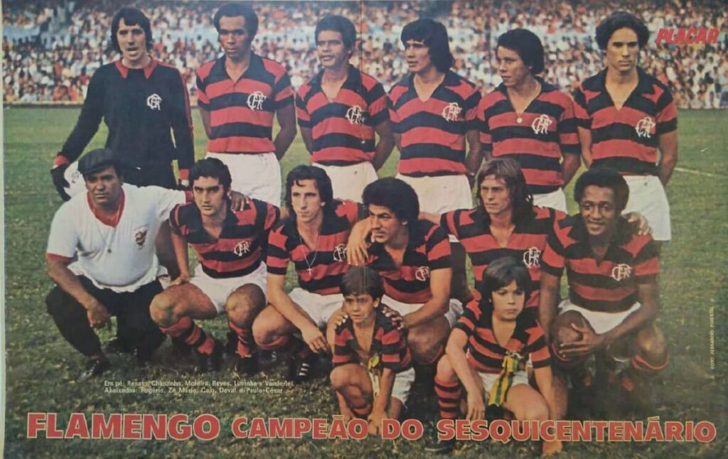 Poster do Flamengo na Revista Placar
Em pé: Renato, Chiquinho, Moreira, Reyes, Liminha e Vanderlei Luxemburgu
Agachados: Rogério, Zé Mario, Caio, Doval e Paulo Cesar