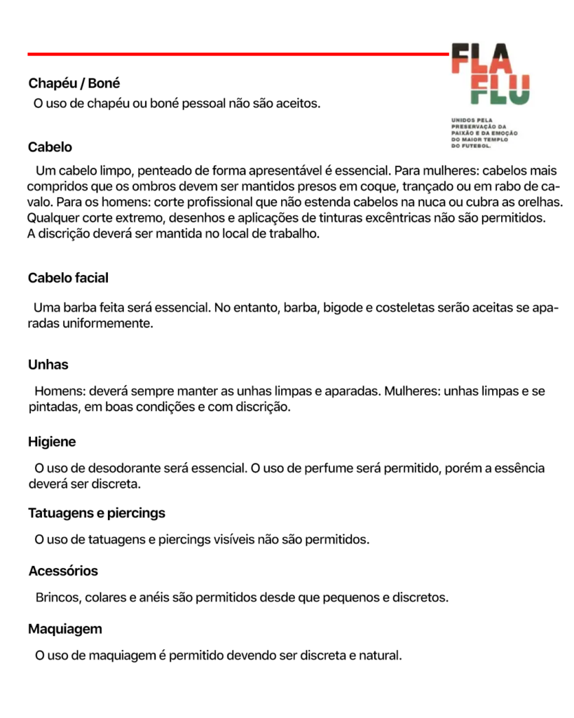 Reprodução de trecho da cartilha de normas para os funcionários do Consórcio Fla-Flu, que administra o Maracanã