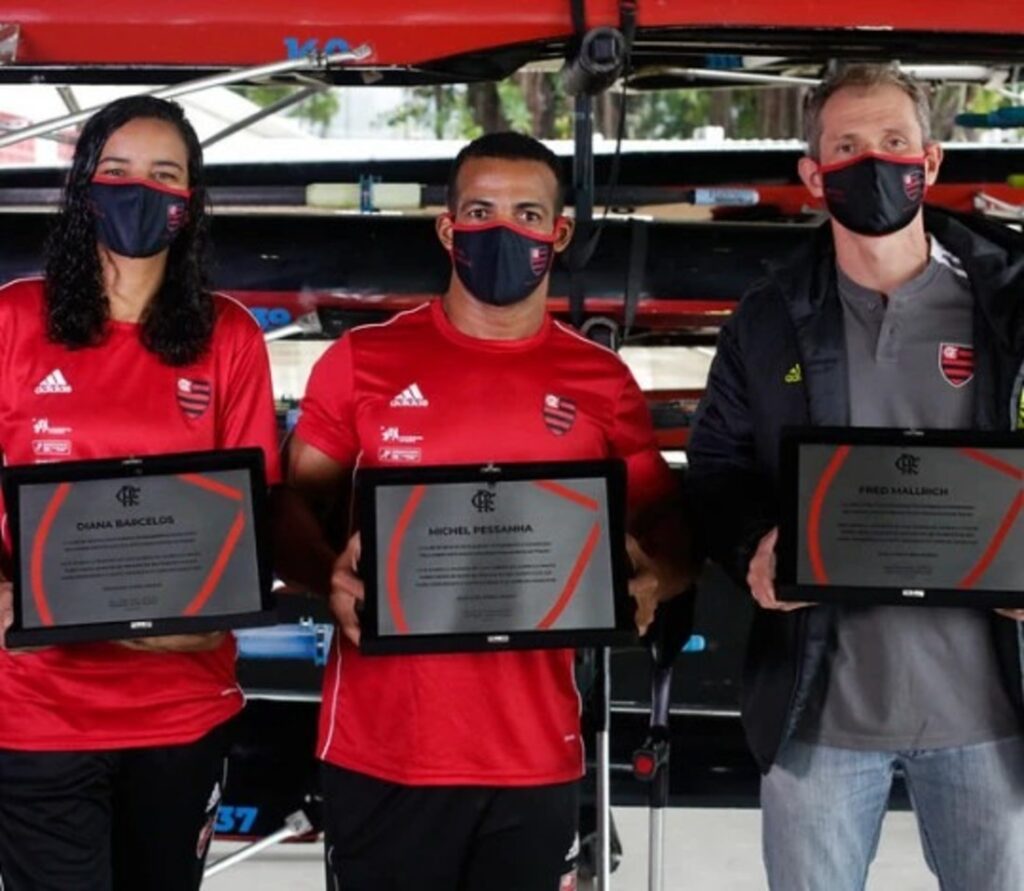 Diana Barcelos, Michel Pessanha e Fred Mallrich, atletas e treinador do remo paralímpico do Flamengo que participaram de Tóquio 2020