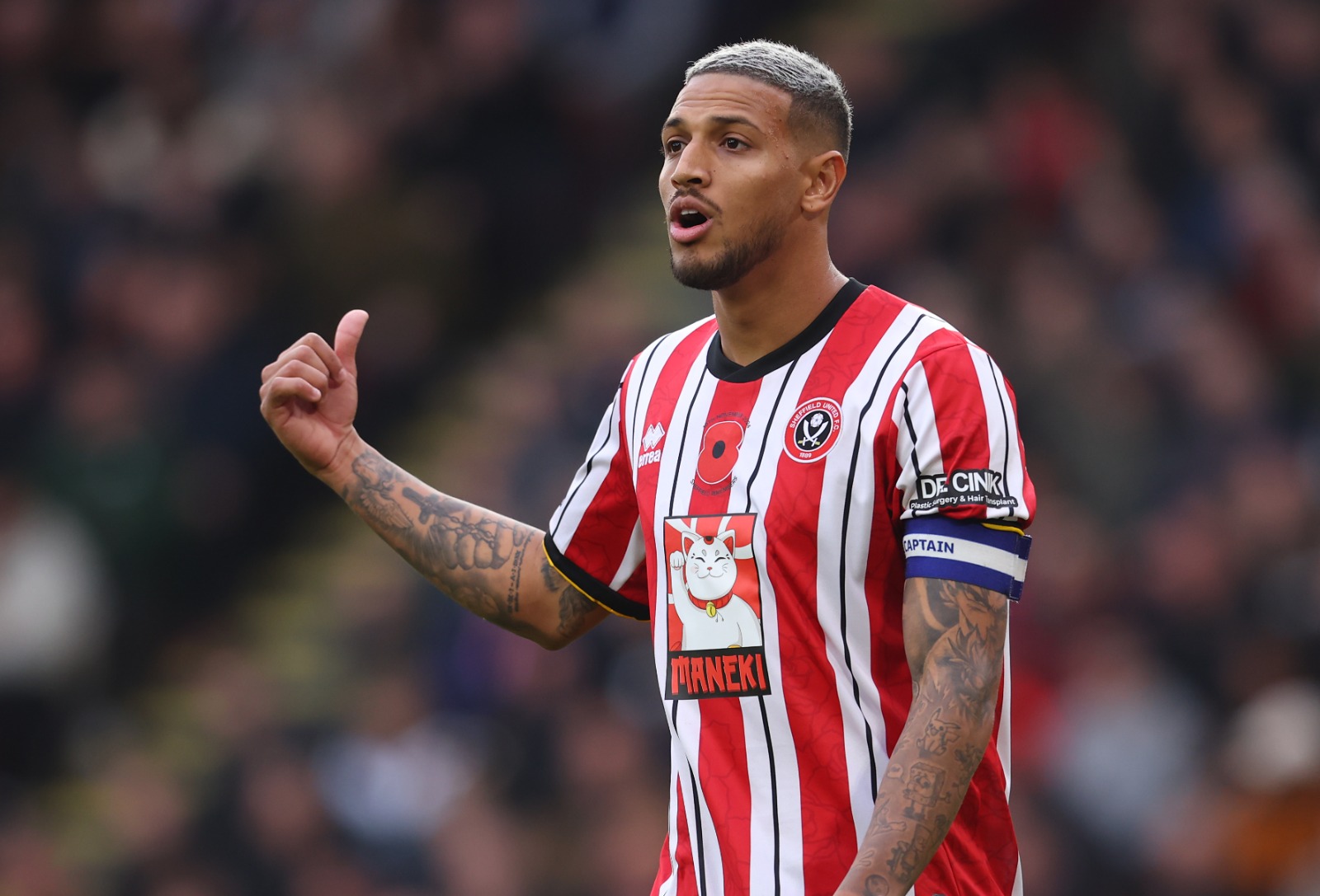 Vinicius Souza, do Sheffield United, dá instruções durante a partida do Sky Bet Championship entre Sheffield United FC e Sheffield Wednesday