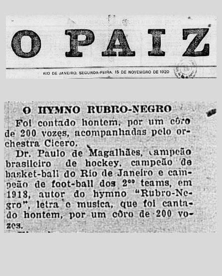 Notícia da época sobre a primeira execução do "Hymno" Rubro-Negro