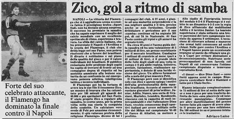 Vitória do Flamengo contra a Napoli no jornal La Stampa de 1981