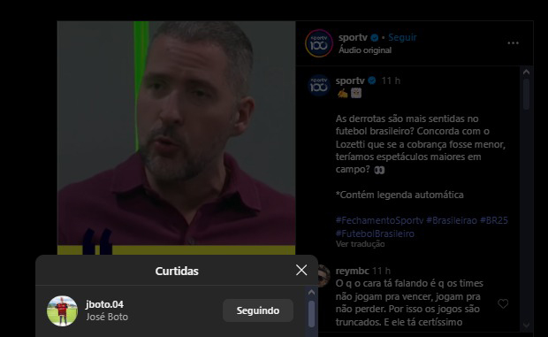 Curtida de José Boto em post do SporTV no Instagram