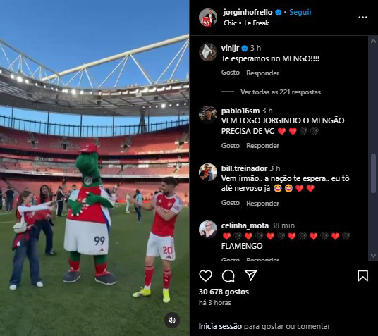 Comentário de Vini Jr em post do Jorginho no instagram