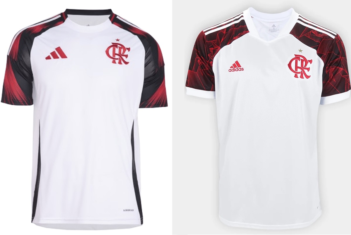 Comparação entre uniformes reservas do Flamengo em 2025 e 2021