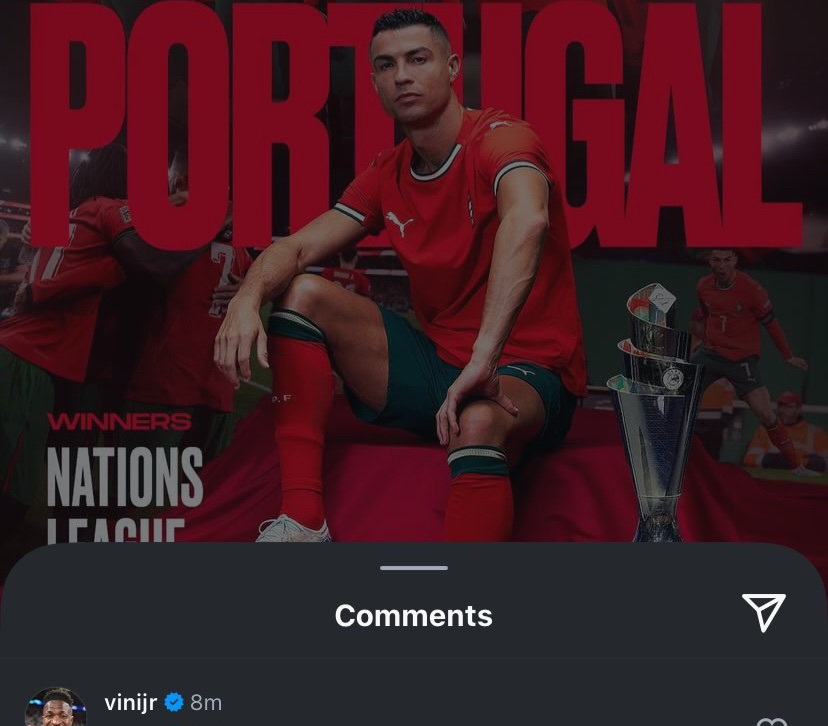 'Viciado': Vini Jr brinca com CR7 em post após título com Portugal