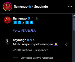 Comnetário de Neymar na publicação do Flamengo