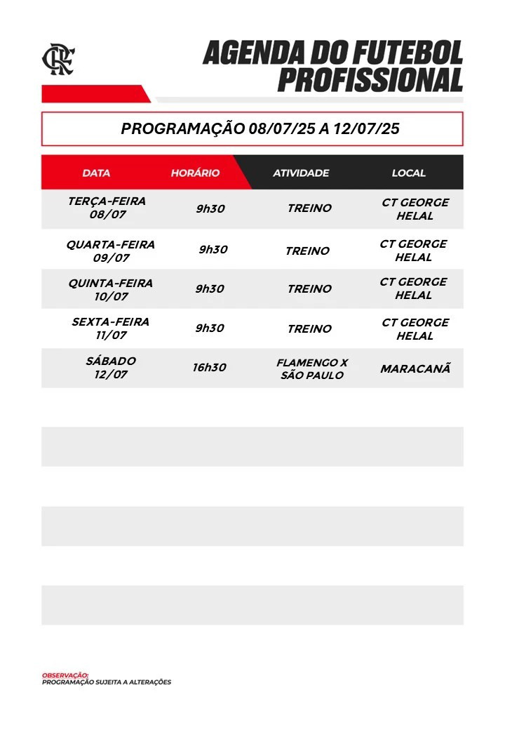 Agenda do Flamengo para a segunda semana de julho
