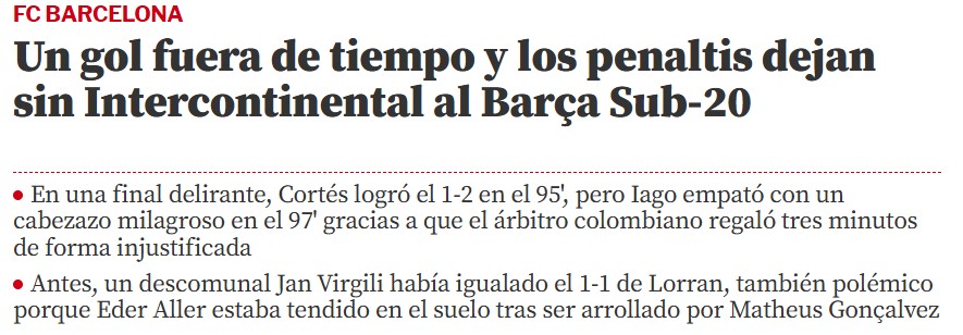 Mundo Deportivo lamenta derrota do Barcelona para o Flamengo no Intercontinental Sub-20