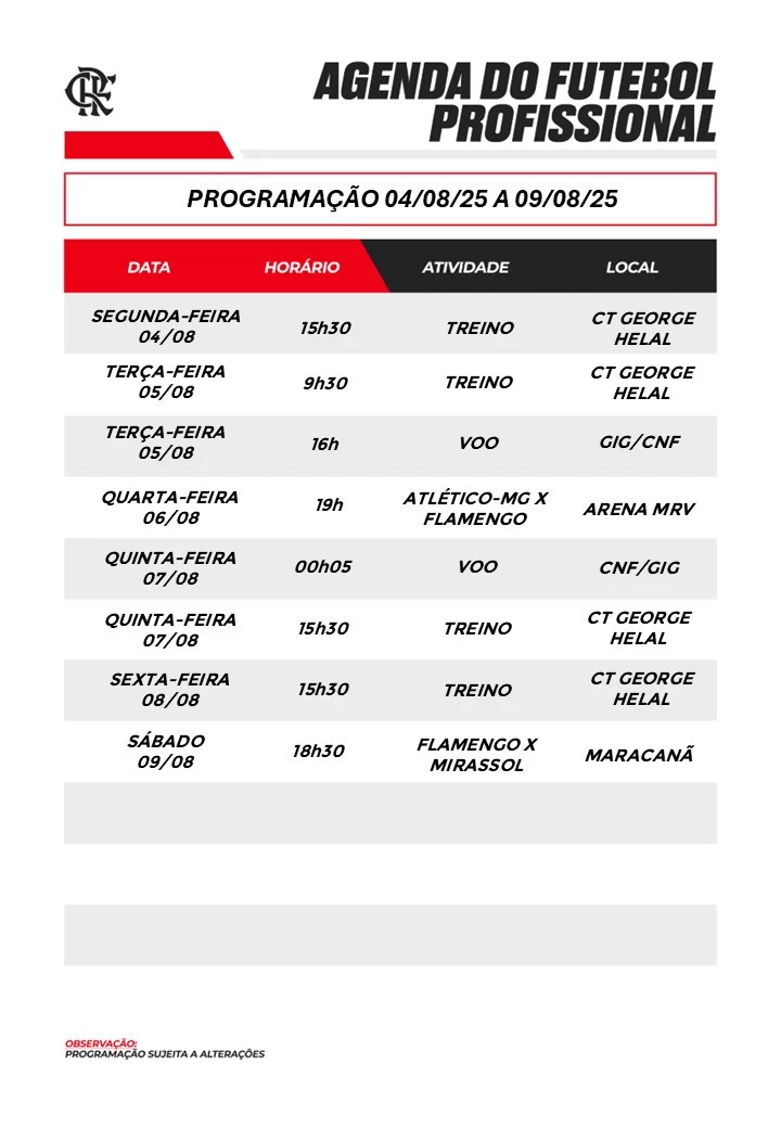 Programação Flamengo Atlético-MG e Mirassol