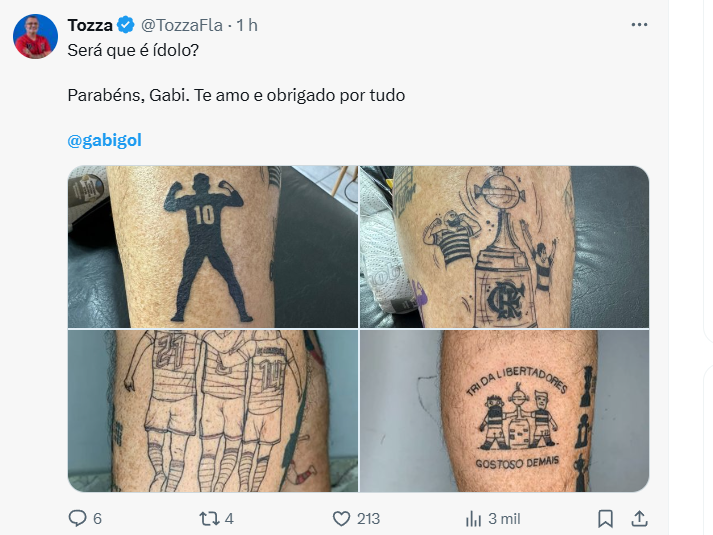 Tatuagens de torcedor do Flamengo em homenagem a Gabigol, mostrando o camisa 10, a taça da Libertadores e momentos históricos, no aniversário de 29 anos do atacante