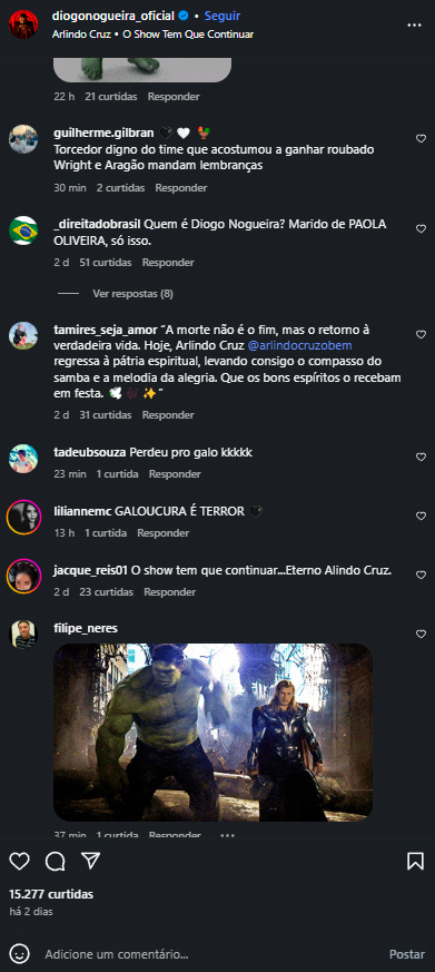 Comentários de atleticanos na postagem de Diogo Nogueira