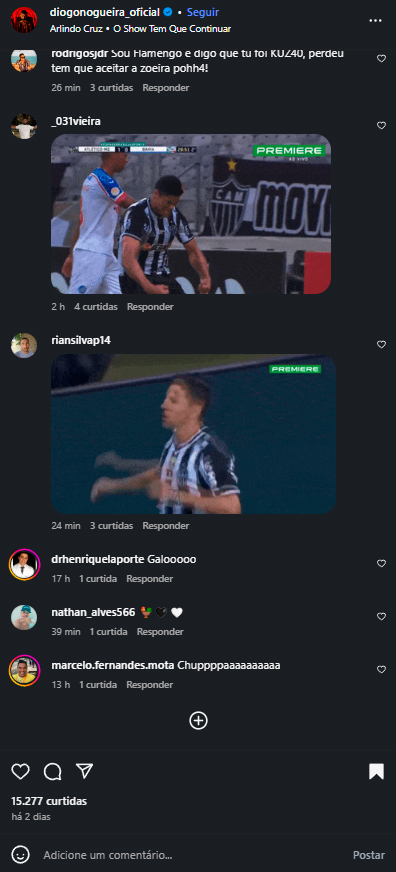 Comentários de atleticanos na postagem de Diogo Nogueira