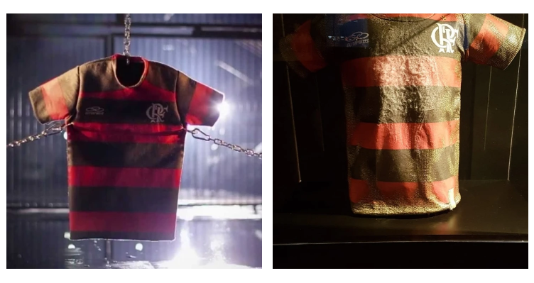 Montagem mostra a Camisa Eterna da Olympikus, criada em homenagem ao Flamengo, durante os testes de resistência e em exposição no Museu do clube.