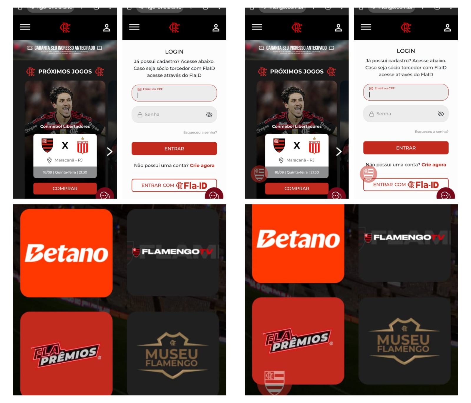 Semelhanças sites de ingressos Flamengo