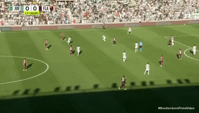 Saúl cruza do lado esquerdo e encontra Arrascaeta na primeira trave para abrir o placar contra o Juventude no Alfredo Jaconi