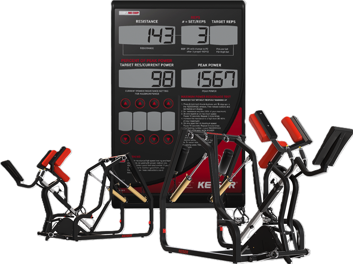 Keiser A300 Runner, simulador de arrancadas e corridas para atletas de alto desempenho; usuário fica inclinado, coloca os pés em pedais e faz o movimento com as pernas; monitor revela dados em tempo real