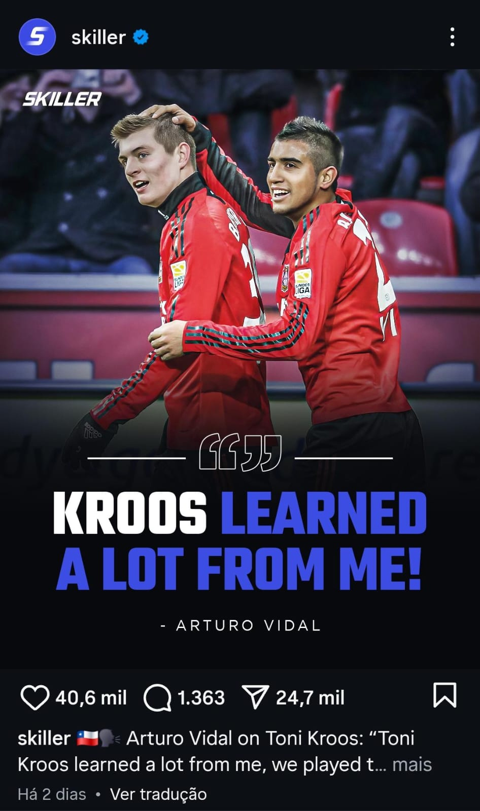 Print de post sobre fala de Vidal sobre Kroos no Instagram