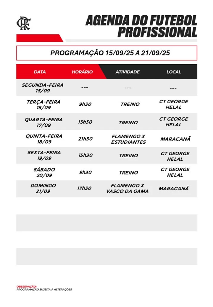Programação das atividades do elenco profissional do Flamengo do dia 15 ao 21 de setembro de 2025