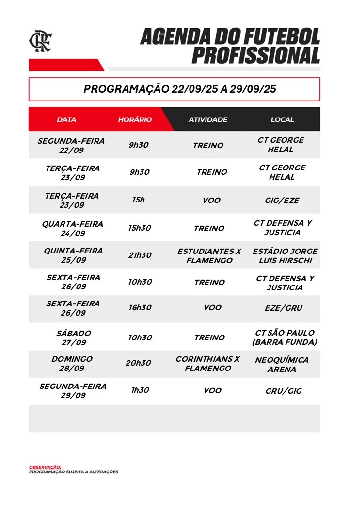 Agenda da semana divulgada pelo Flamengo durante os dias 22 e 29 de setembro de 2025