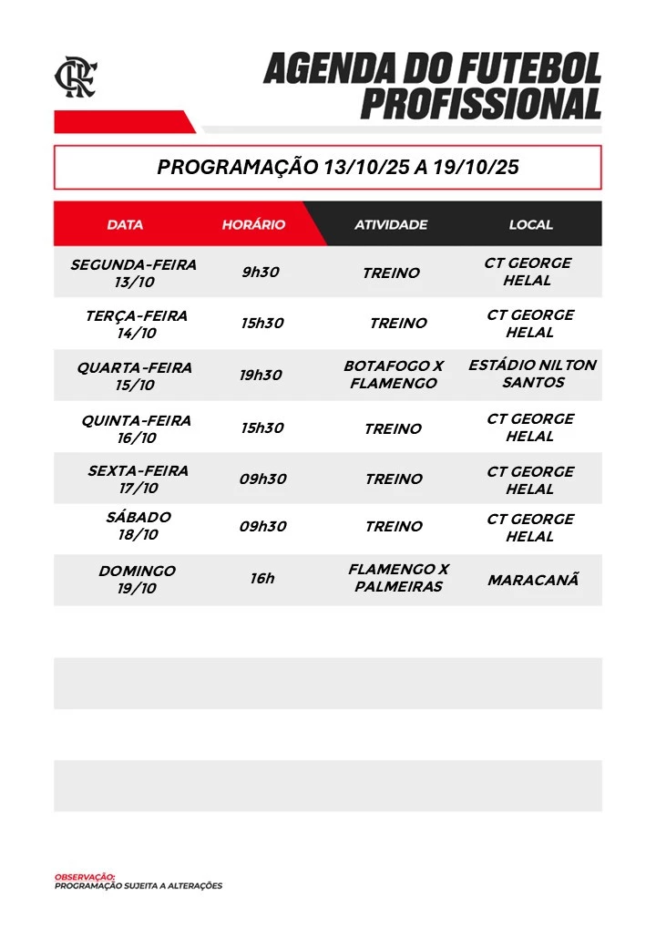 Agenda do Flamengo para enfrentar Botafogo e Palmeiras