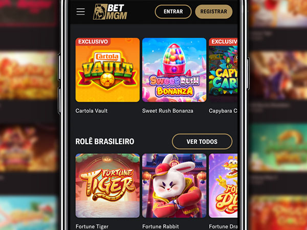 Lobby do cassino online BetMGM Brasil, exibindo a biblioteca de jogos de slots e promoções.