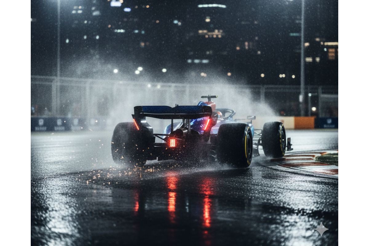 Carro de F1 correndo na pista molhada, levantando spray, ilustrando a importância de analisar o clima antes de apostar.