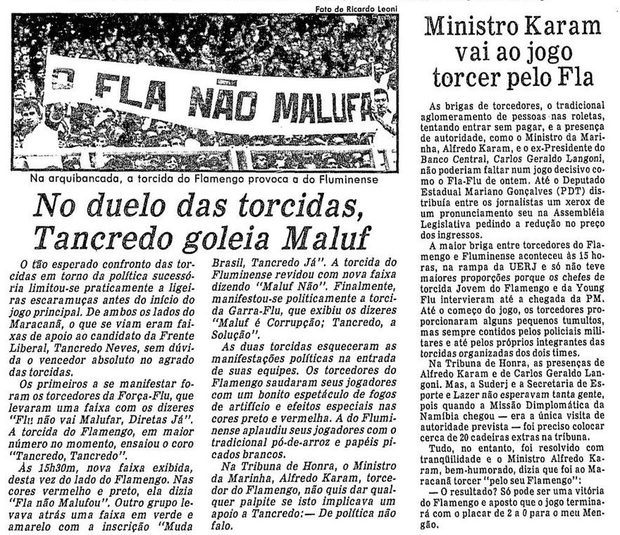 Jornal destaca arquibancadas no Fla x Flu das Diretas; na foto, a faixa: O Fla não Malufa