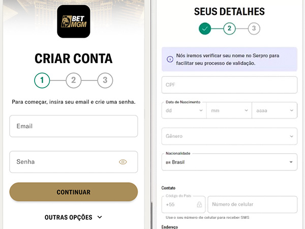 Tela do formulário de cadastro da BetMGM Brasil, mostrando os campos de registro de conta, como e-mail e CPF.