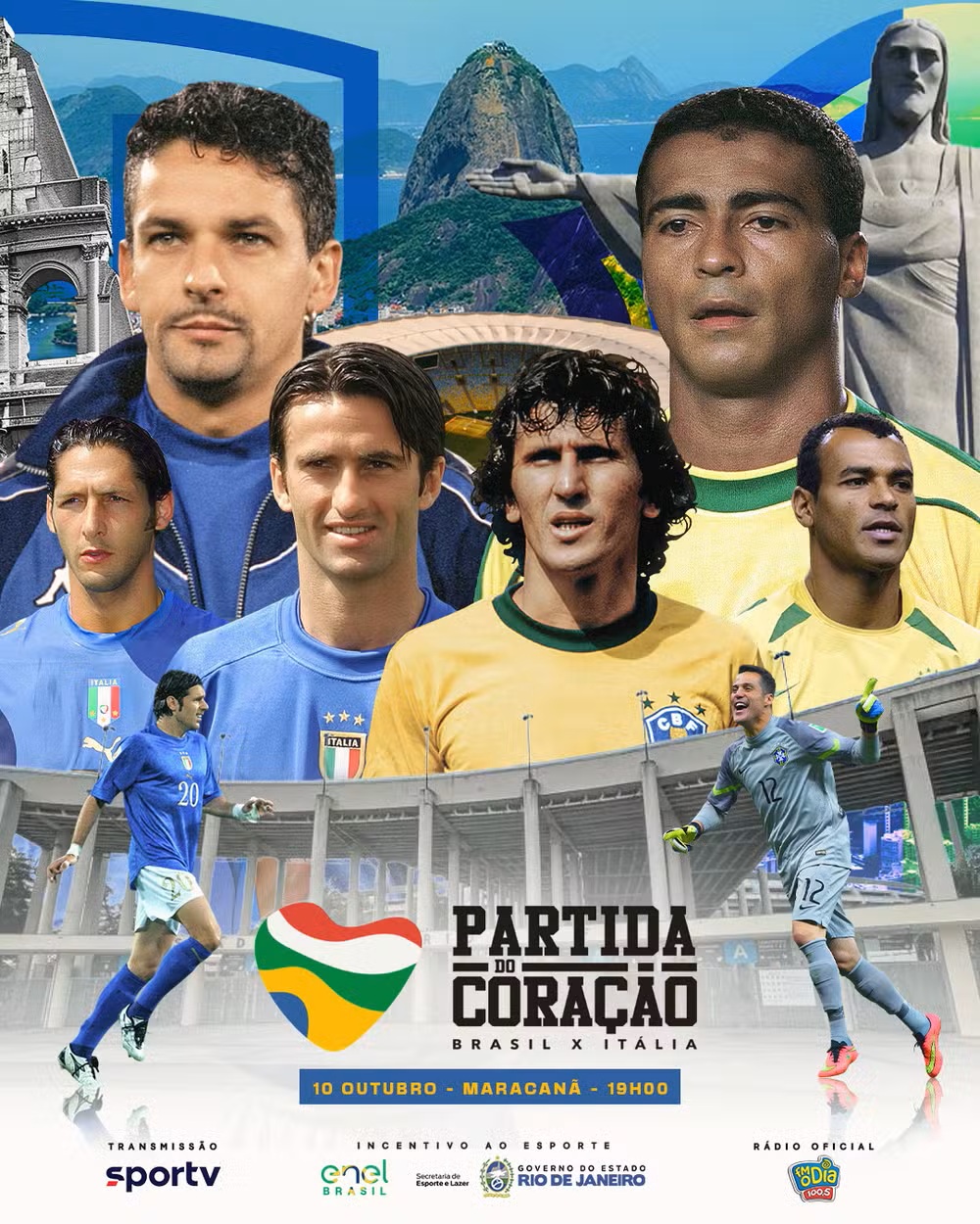 Imagem mostra astros do passado de Brasil e Itália em duelo no Maracanã