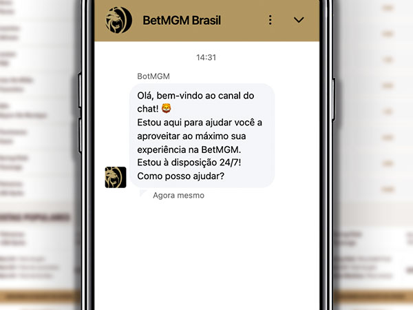 Captura de tela do chat de suporte da BetMGM Brasil, mostrando a mensagem de boas-vindas do BetMGM.