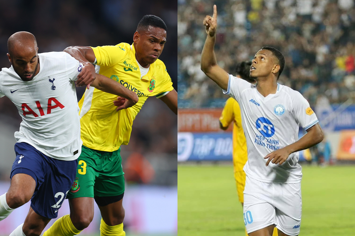 Montagem da esquerda pra direita: Lucas Silva duelando contra Lucas Moura, do Tottenham, pelo Paços de Ferreirra e Lucas Silva comemorando gol pelo Nam Dinh