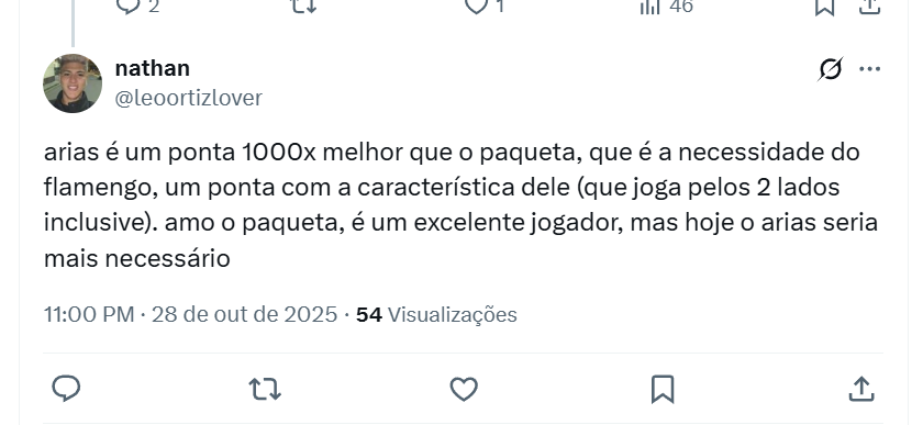 Publicação no X (Twitter) de torcedor do Flamengo comentando que Jhon Arias seria mais necessário ao time do que Lucas Paquetá